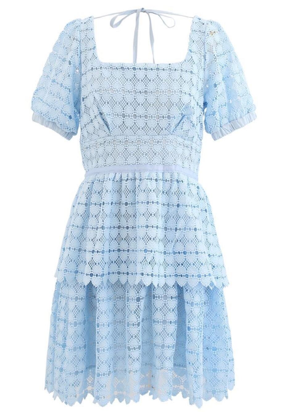 NWT Amylynn Heart Crochet Tiered Mini Dress Powder Blue Medium M